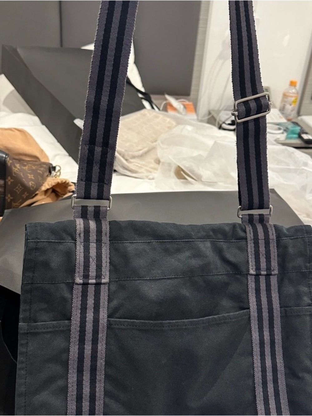 Hermes Black Canvas Messenger Bag with Gray Striped Strap